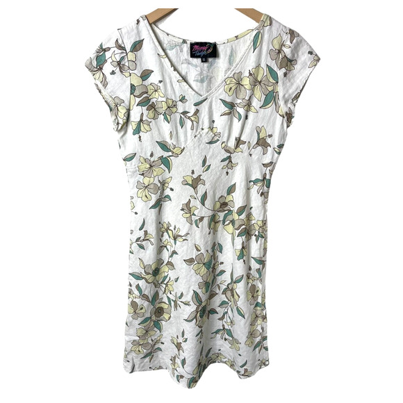 Mango Tango Floral Print V Neck Cap Sleeve Mini Dress Linen Small - Picture 1 of 8